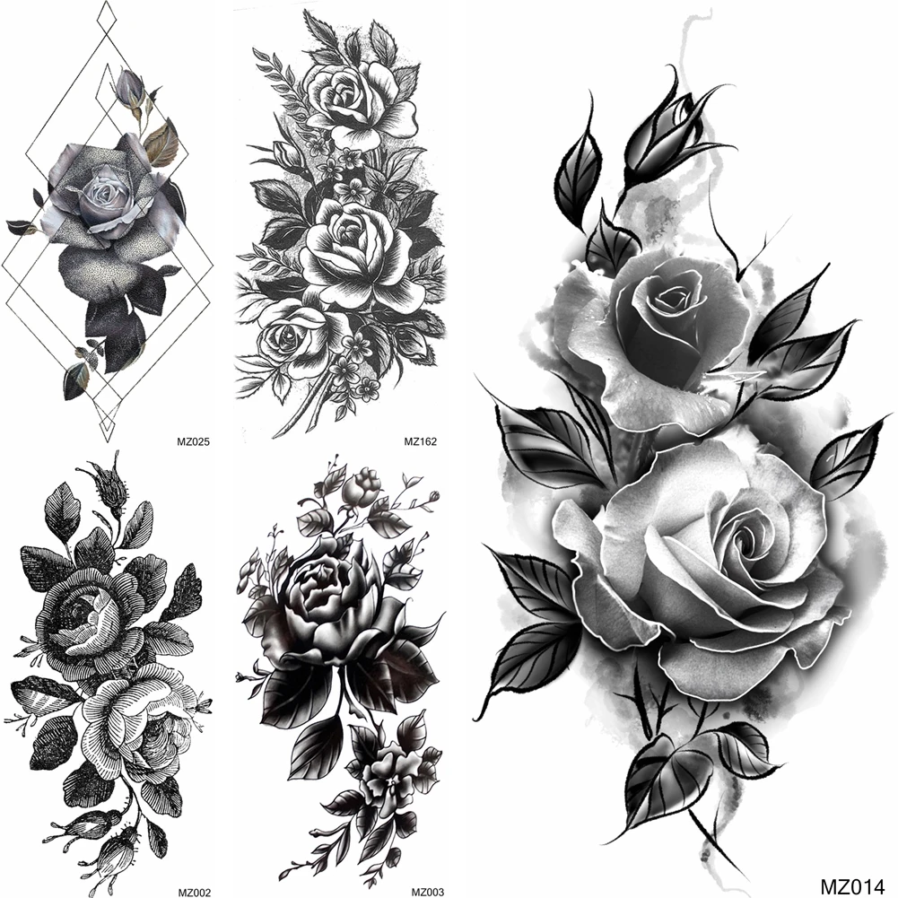 

Black Flower Temporary Tattoos Sticker Geometric Fake Pencil Sketch Rose Tatoo For Women Body Art Tatoos Decor Decal For Holiday
