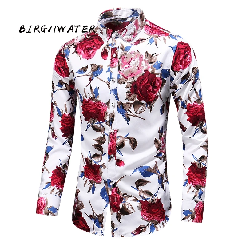 

2021 Autumn Men Slim Floral Print Long Sleeve Shirts Fashion Brand Party Holiday Casual Dress Flower Shirt Homme Plus Size 7XL