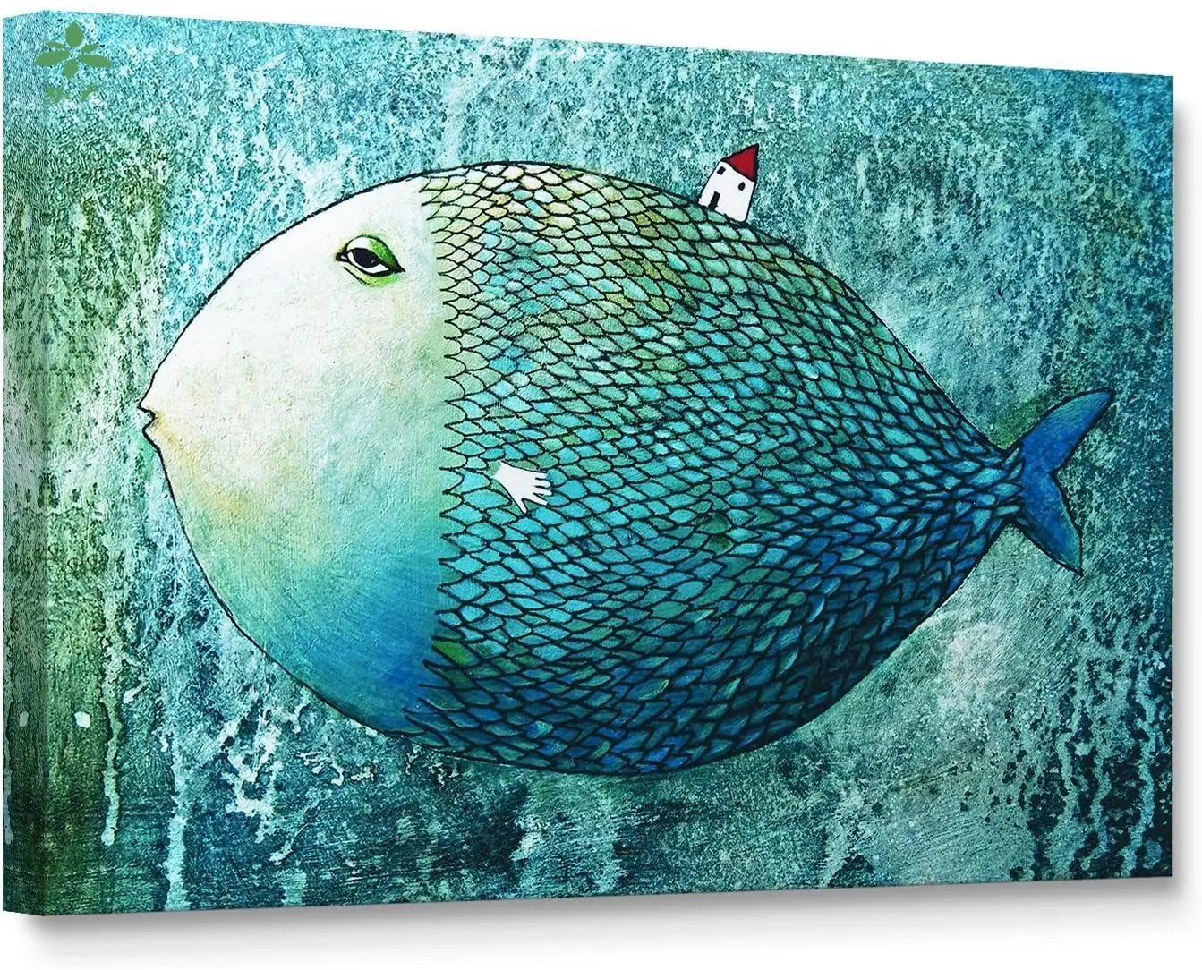 Детская картина маслом на холсте с изображением синей жирной рыбы домашнее