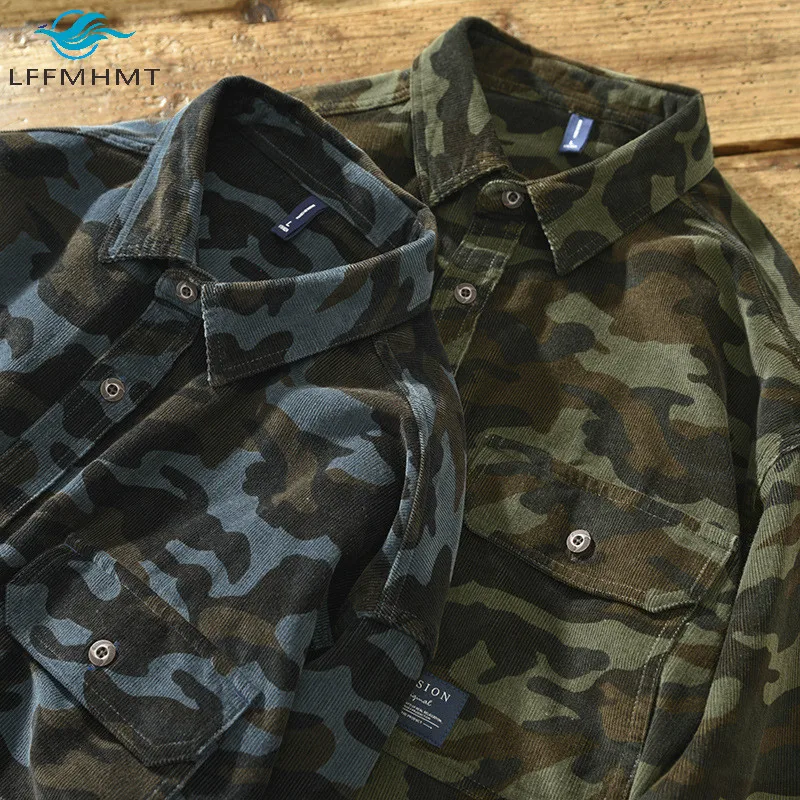 Рубашка мужская Вельветовая модная винтажная камуфляжная рубашка с двумя