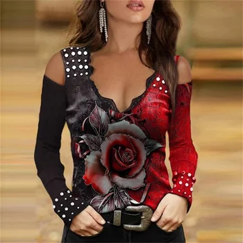 2021 Women Sexy V Neck Off Shoulder Shirts Tops Rose Printed Women's Long-Sleeved T-Shirt Fashion Casual Slim Street Clothing 1