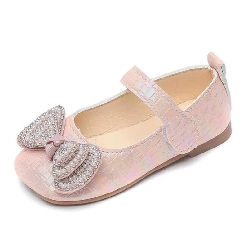

2022 Spring Fashionable Baby Shoes Comfortable Breathable Bowtie Pearl Lightweight Kids Square Toe Shoe