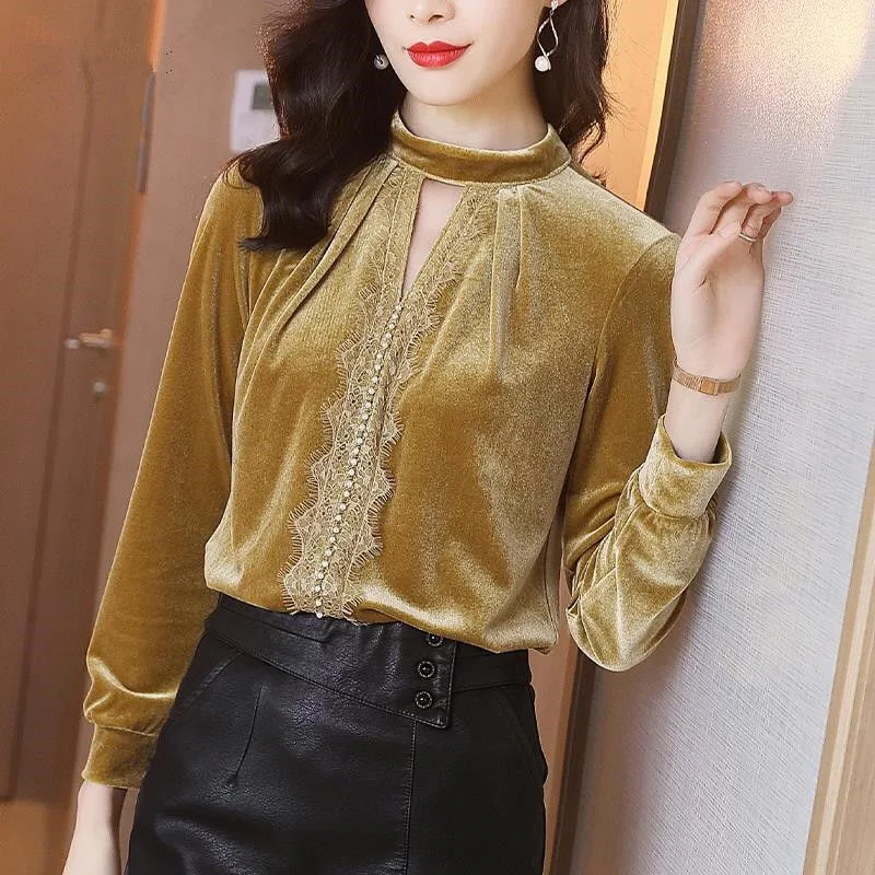 

Korean Spring Fall Fashion Womens Lace Patchwork V Neck Ginger Velour Top Shirt , Woman Beading Shirts Women Velvet Tops
