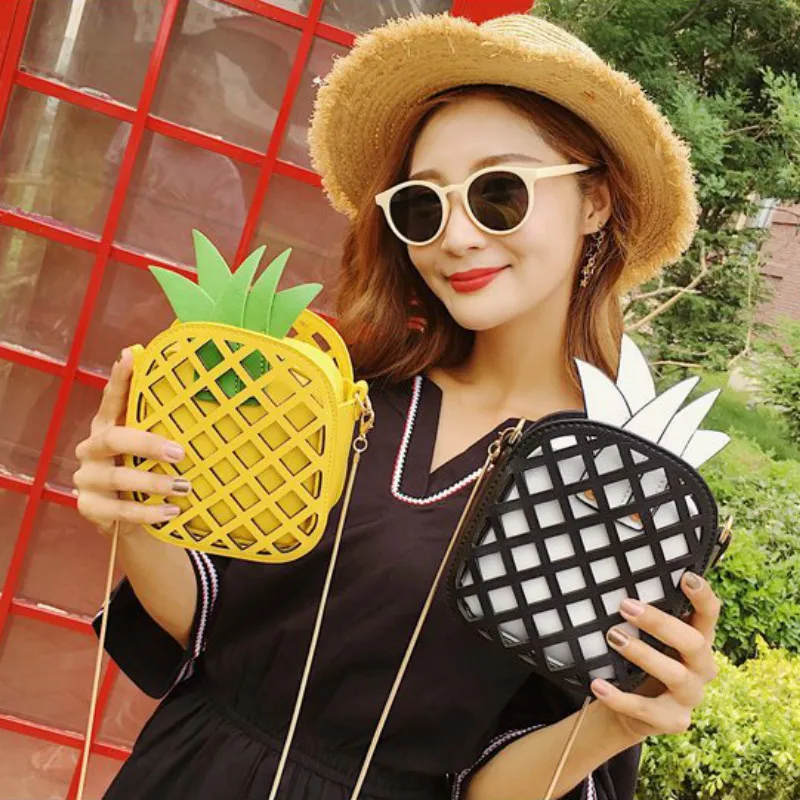 

2020 Brand Leather Cute Handbag for Women Lovely Pineapple Bag with Chain Hollow Out Mini Women's Fruit Handbags purse for girls
