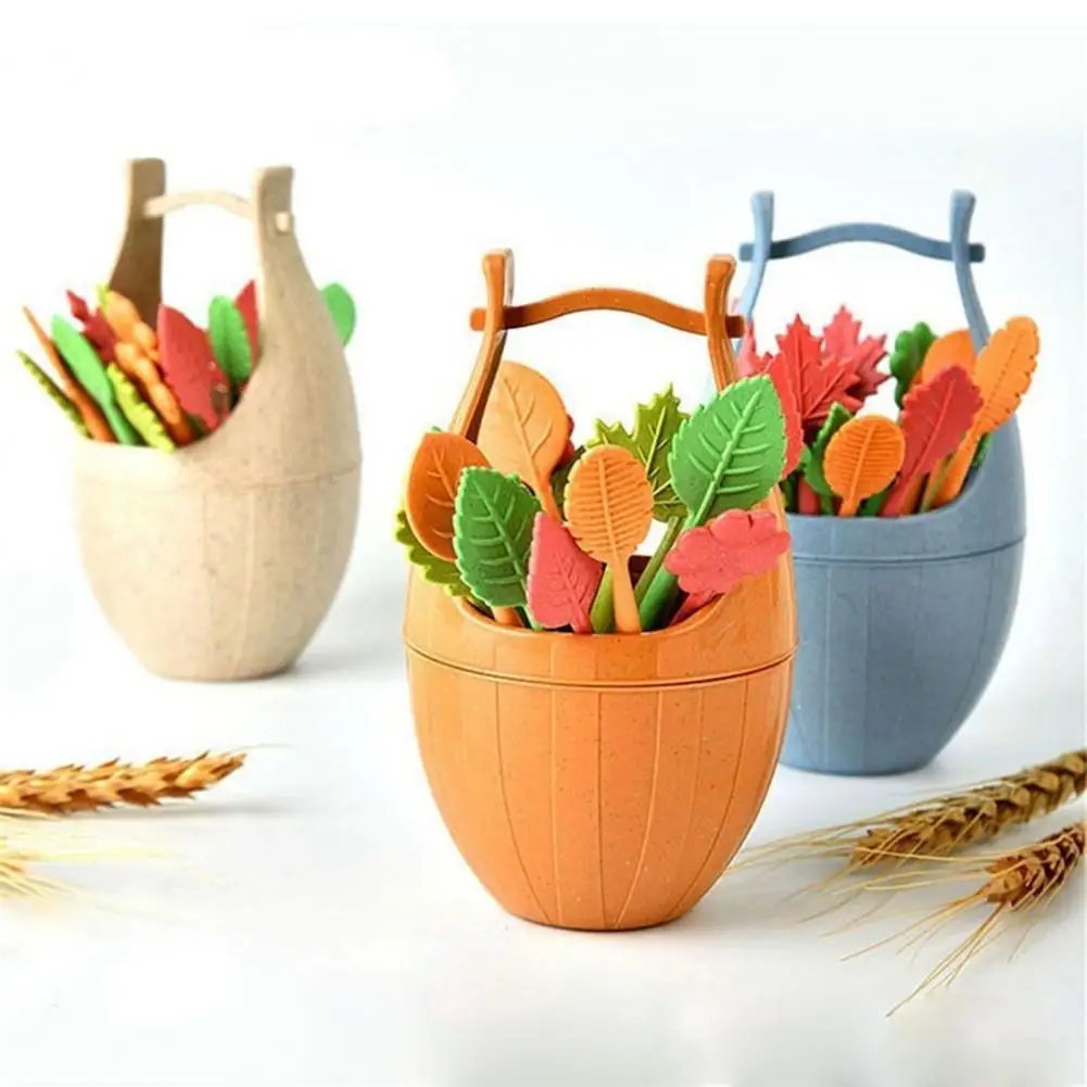 

3 Colors 1 Set Excellent Fruit Fork with Storage Bucket Wheat Straw Food Fork No Odor for Office