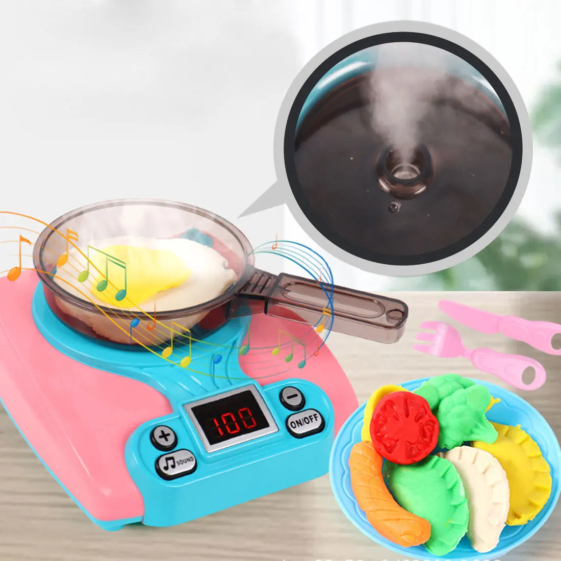 

22Pcs Children Kitchen Pretend Play DIY Colorful Clay Food Toy Set Spray Induction Cooker with Sound and Light toys girls gifts