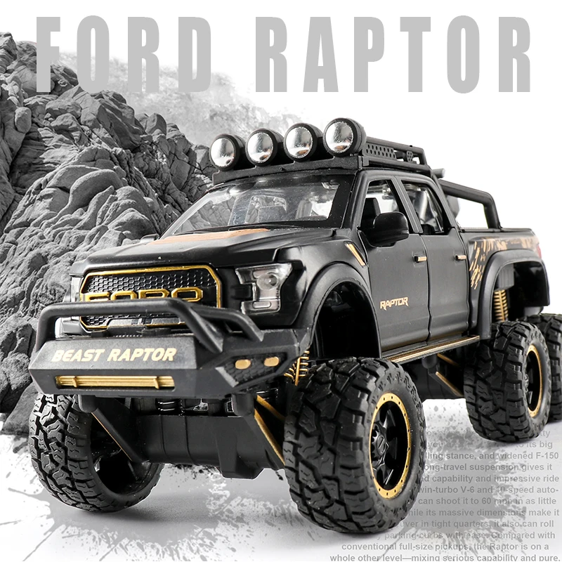 

Diecast 1:24 Alloy Car Model Ford F150 Beast Raptor Off-Road Big Size Wheel Metal Vehicle Pull Back Gifts for Children Boys Toys