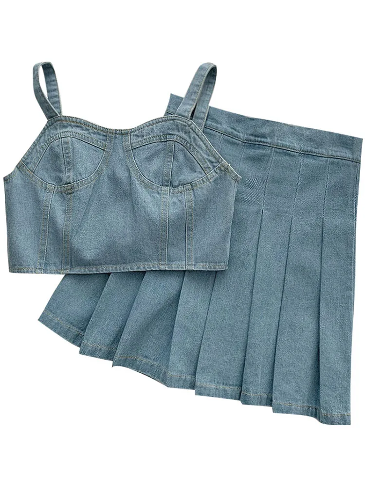 

Yeeloca Fashion Skirt Suit Women's Summer 2021 New Korean Design Sense Denim Suspender + Sexy Pleated Skirt Two Piece Sets