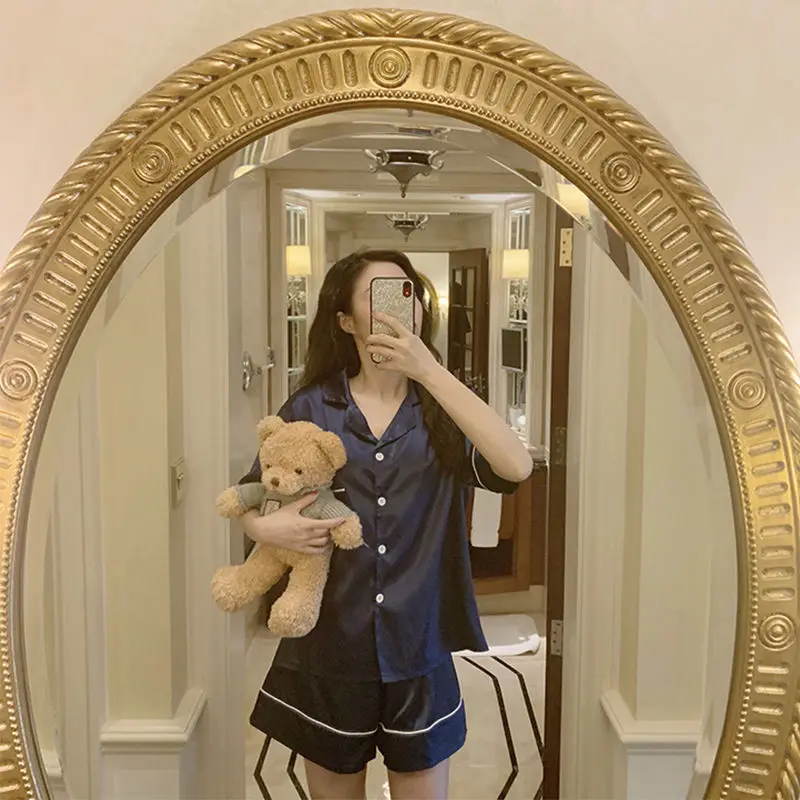 QWEEK Silk Pajamas for Women Girls Summer 2021 Pyjamas Ensembles Femme Pink Soft Pijamas Sweet Sleepwear Short Sleeve Homewear