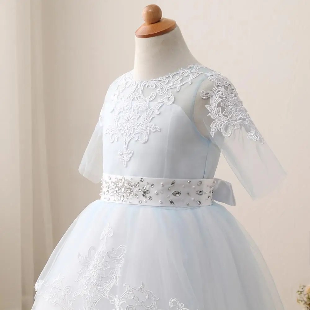 

Hot Sale Gold Lace Appliques Flower Girl Dresses With Bow Kids Evening Gown First Communion Dresses For Girls