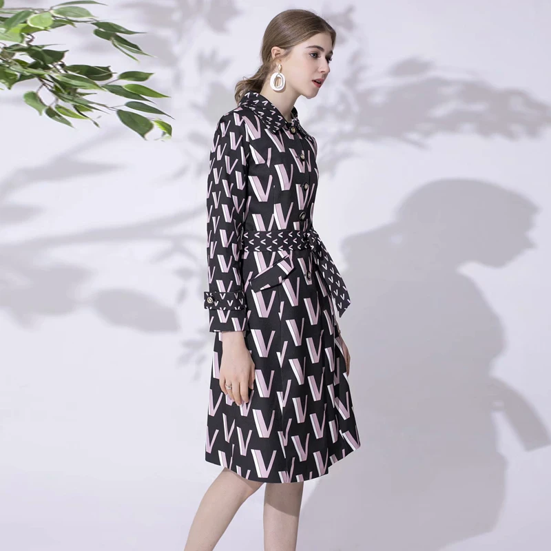 Windbreaker High Quality Autumn Winter New Women'S Fashion Party Office Vintage Elegant Letter Print Long Sleeve Midi Jacket