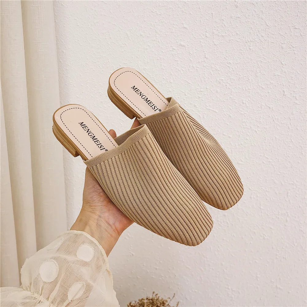 Мюли SLHJC женские на низком квадратном каблуке вязаная ткань стрейч без застежки