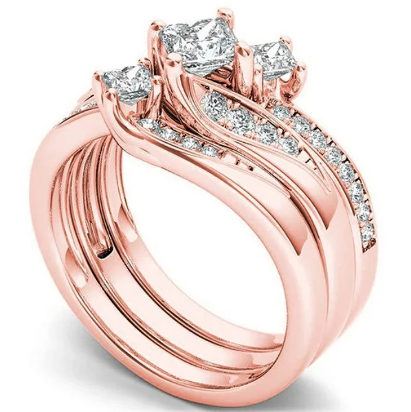 

Luxury Female White Zircon Ring Set Rose Gold Silver Color Engagement Ring Square Crystal Stone Wedding Rings For Women Men