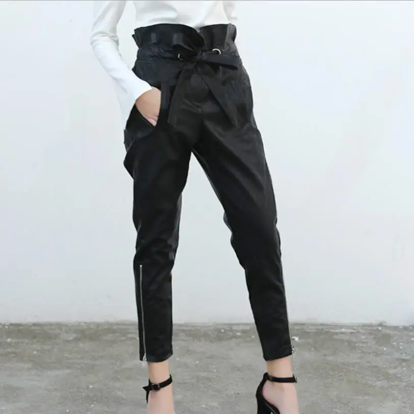

Женские Плиссированные кожаные брюки до щиколотки, весенние тонкие брюки из искусственной кожи с высокой талией в английском стиле, F847