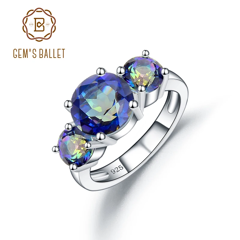 

GEM'S BALLET 925 Sterling Silver Three Stone Classic Band Ring Natural Mystic Topaz Birthstone Rings For Women Fine Jewelry