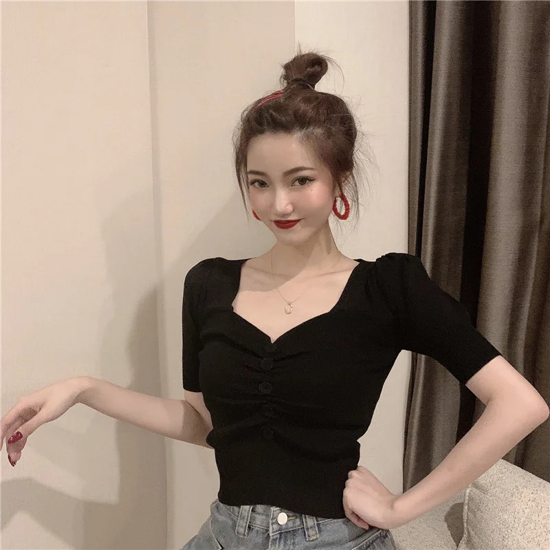 

Fashionable Short Sleeve T-shirt Women's Cinched Bodycon Puff Sleeve U Collar Sweater 2021 Summer New Pleated French Top