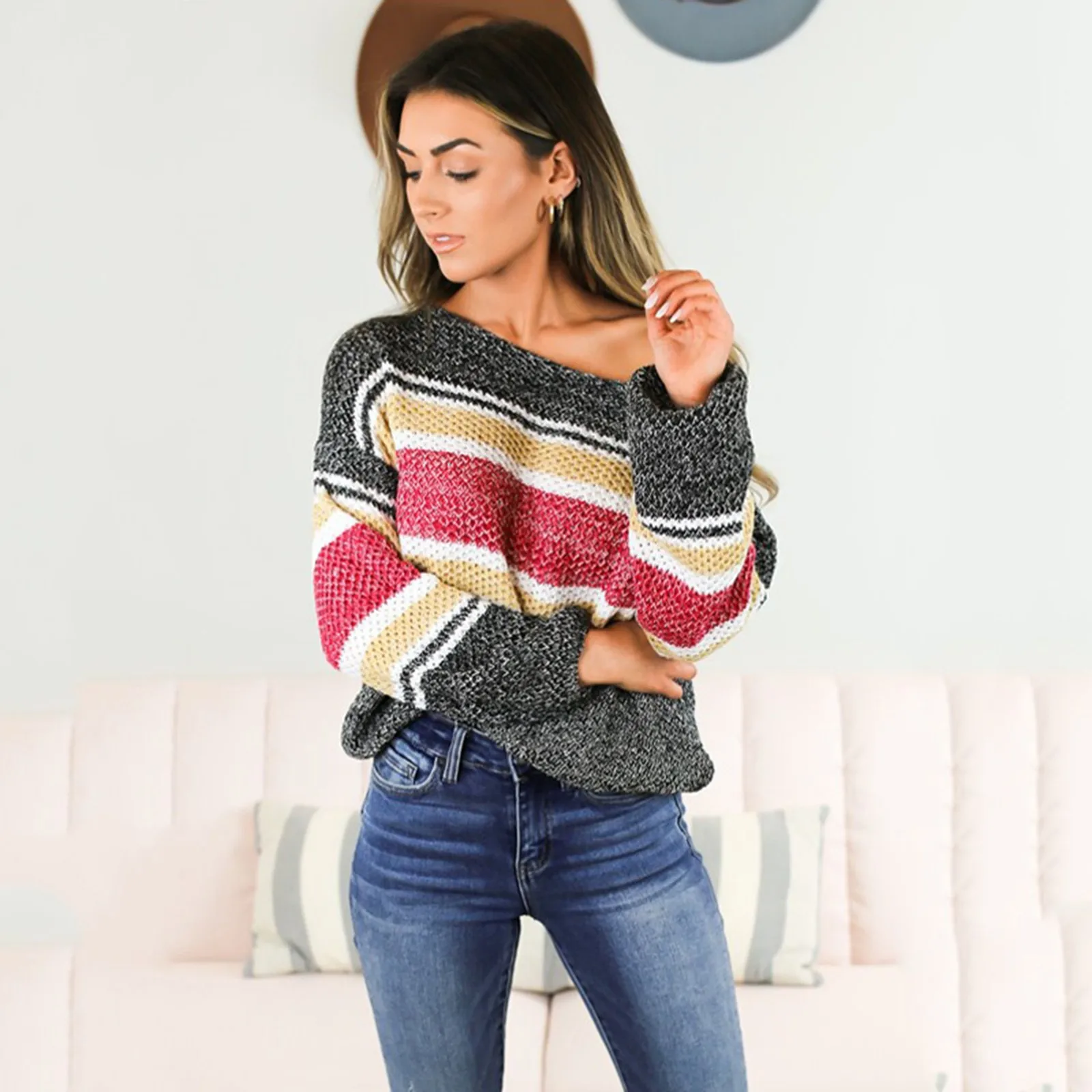 

Женские свитера с длинным рукавом, вязаный Повседневный свитер в полоску, СВОБОДНЫЙ Модный пуловер в Корейском стиле, топы, женские свитера