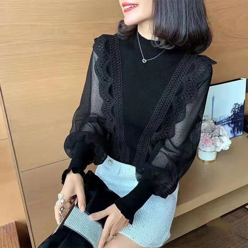 

Women Blouse Fall 2021 New Solid Sheer Mesh Sleeve Hollow Out Lace Tops Black White Blue Shirts