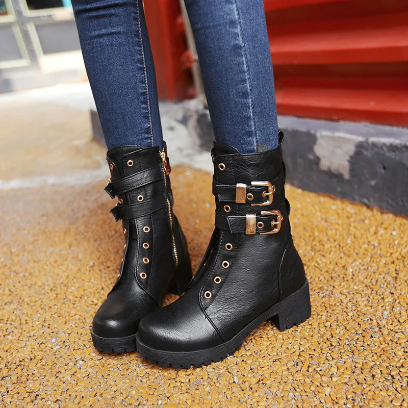 Женские ботильоны на массивном каблуке YMECHIC черные в стиле панк рок с