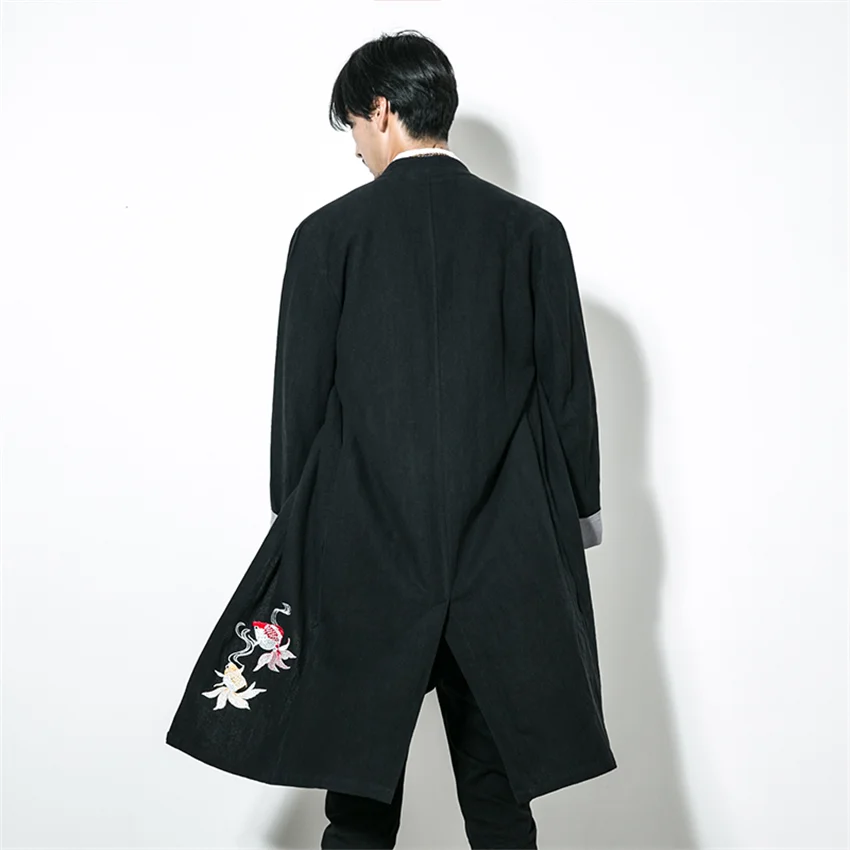 Осенняя мужская длинная куртка из хлопка и льна повседневная в китайском стиле