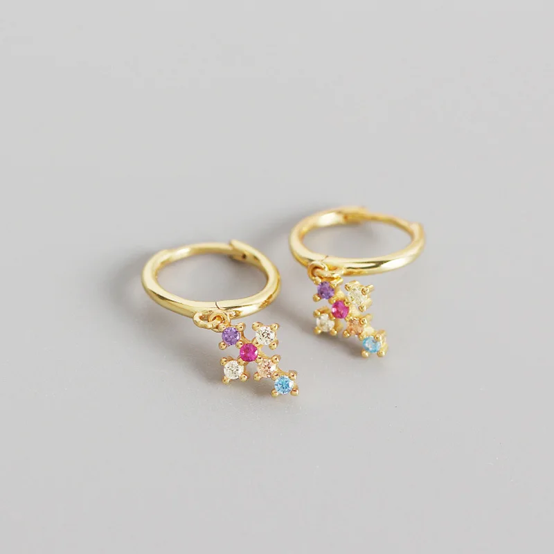 

1Pair French 925 Sterling Silver Earrings for Women 2020 Trend Jewelry Cross Inlaid Color Zircon Earrings Piercing Stud Earrings