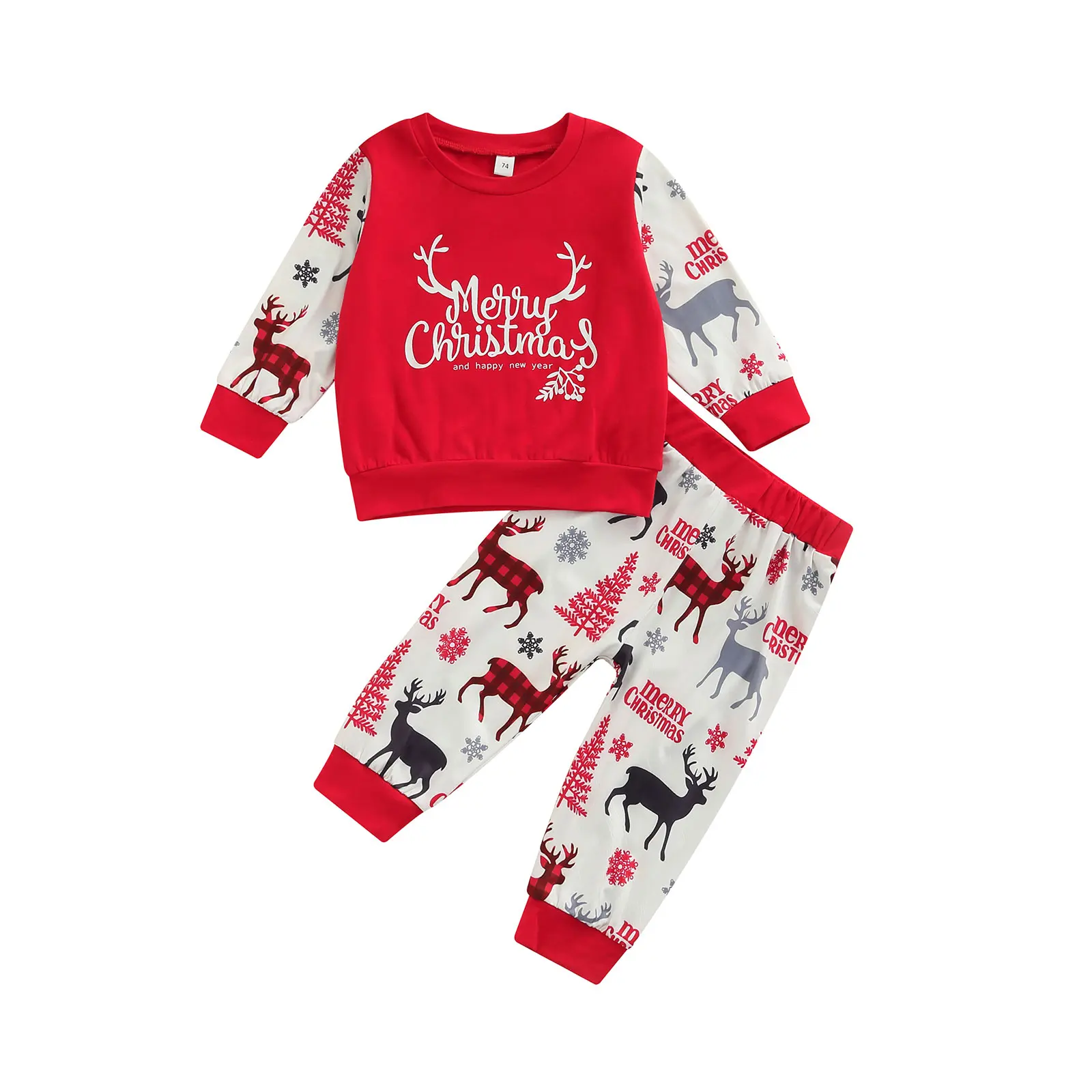 

Женский комплект, футболка с длинным рукавом и круглым вырезом с принтом оленя + брюки с эластичным поясом