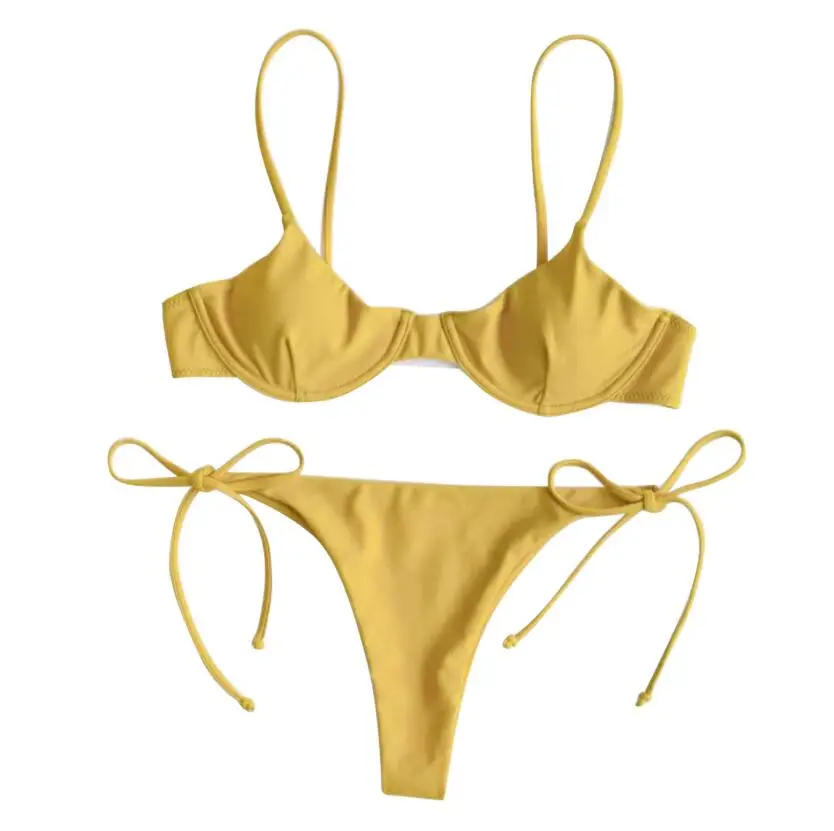 

Женский раздельный купальник, однотонное бикини с V-образным вырезом и принтом + Летние трусики со шнуровкой