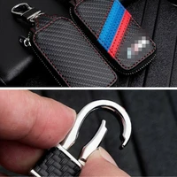 1pcs black carbon fiber leather car remote key bag case holder keychain cover
