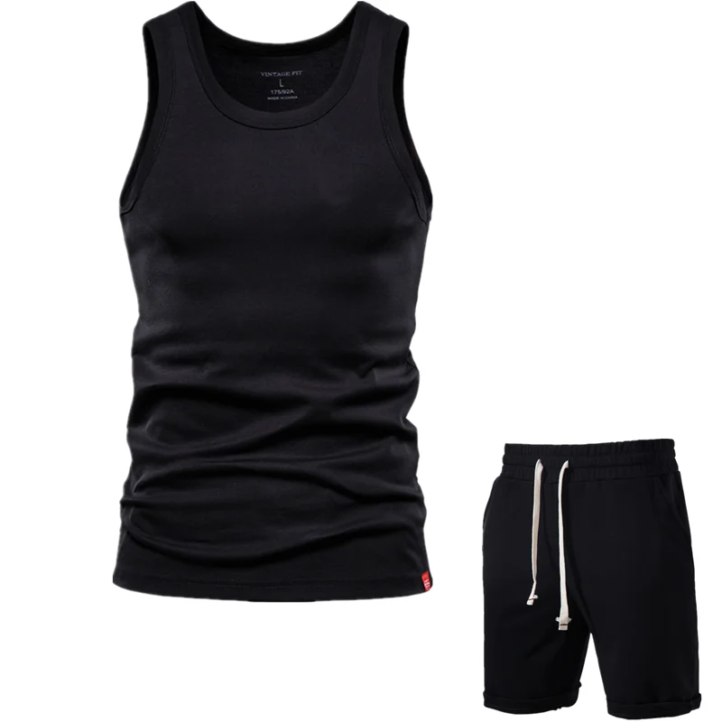 

Костюм спортивный Мужской Хлопковый, повседневная майка и шорты, однотонный классический комплект из двух предметов, лето