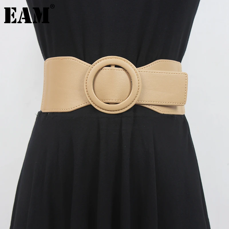 

[EAM] Pu Leather Apricot Back Elastic Long Wide Belt Personality Women New Fashion Tide All-match Spring Autumn 2022 1DE1625