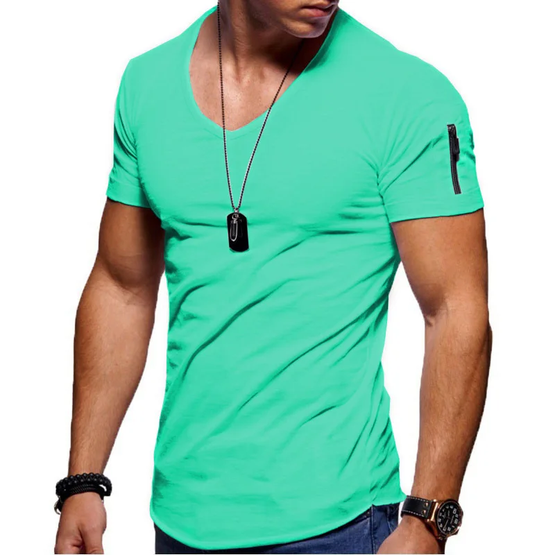 

2021 New Men's V-Neck T-Shirt Fitness Bodybuilding T-Shirt High Street Summer Short-SleevedZipper Casual Cotton Top