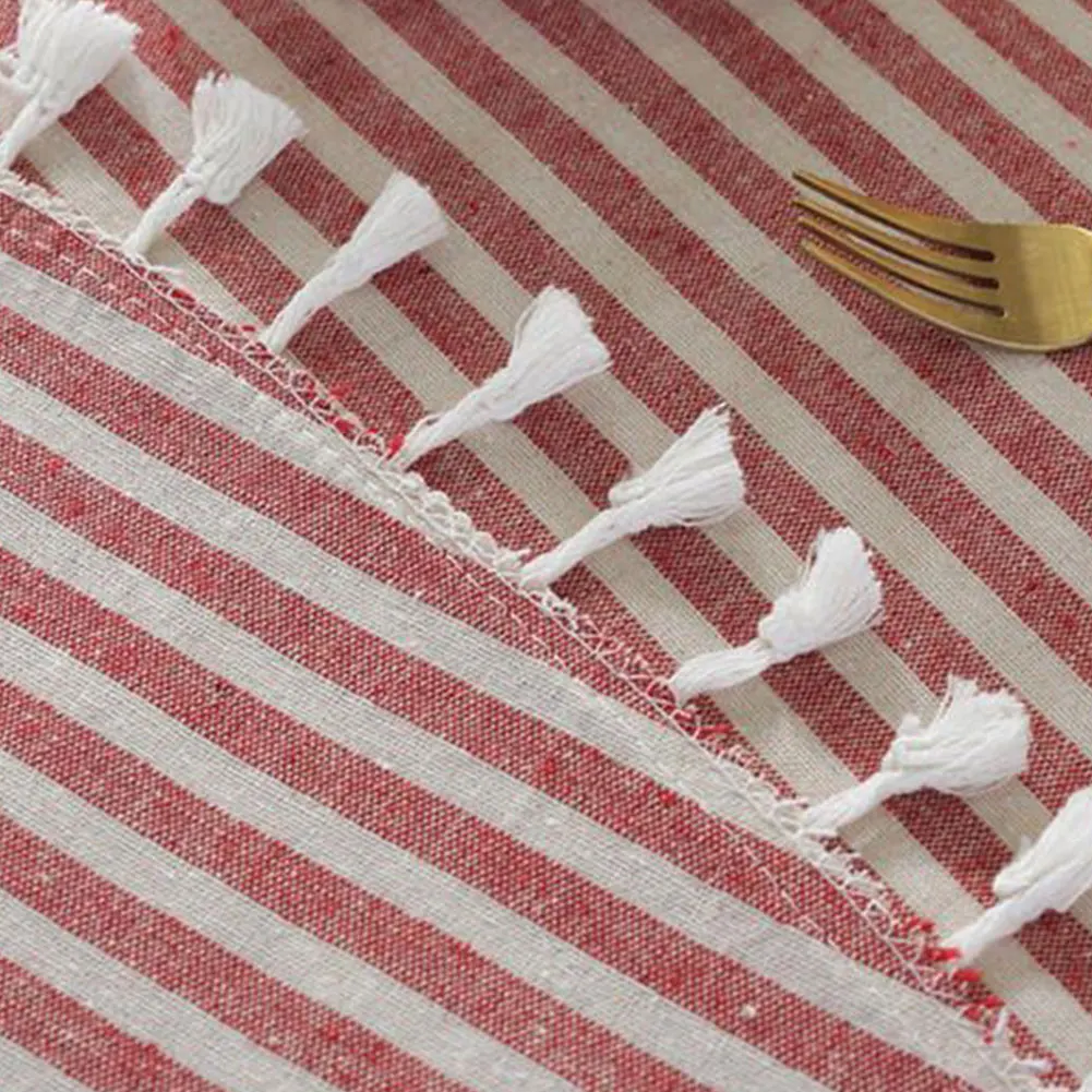 

Home Decorative Table Cloth Stripe Tassel Round Dining Table Cover Table Cloths Dust-Proof Tabletop Decoration Beige Red Blue