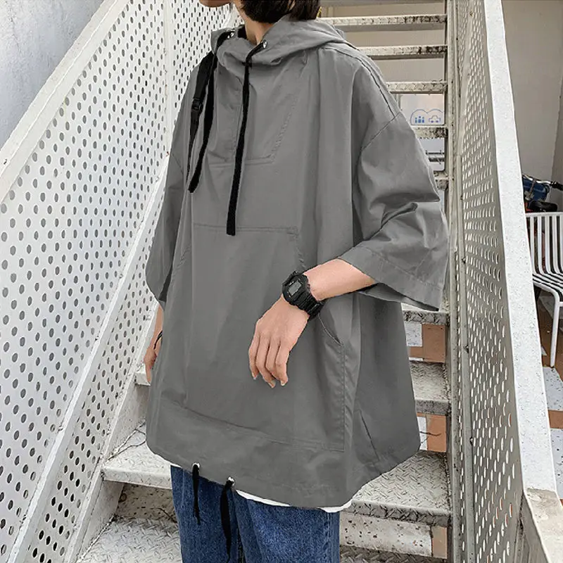 

QWEEK Korean Harajuku Hoodies0 Women 2021 Streetwear Harajuku BF Half-sleeve Gray Hooded Sweatshirt Kpop Tops Female Solid
