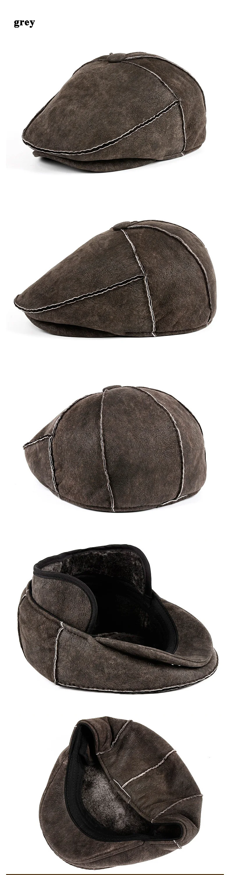 Winter Men Korean Thicken Hand-stitched Fur One Warm Forward Beret Male Genuine Leather Wool Hats Fitted black/Grey Tab Boina