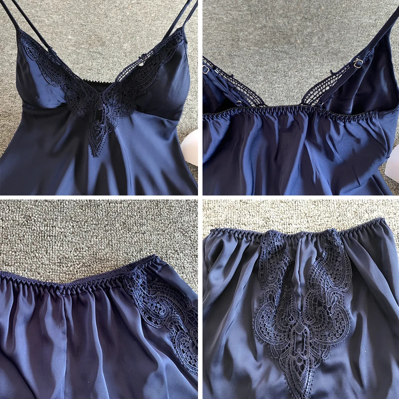 

Sexy Lace Stitching V Neck Sling Nighties Women Sleepshirt Patchwork Silk Sleepwear Female Pajamas Set Sleeveless Solid Homewear