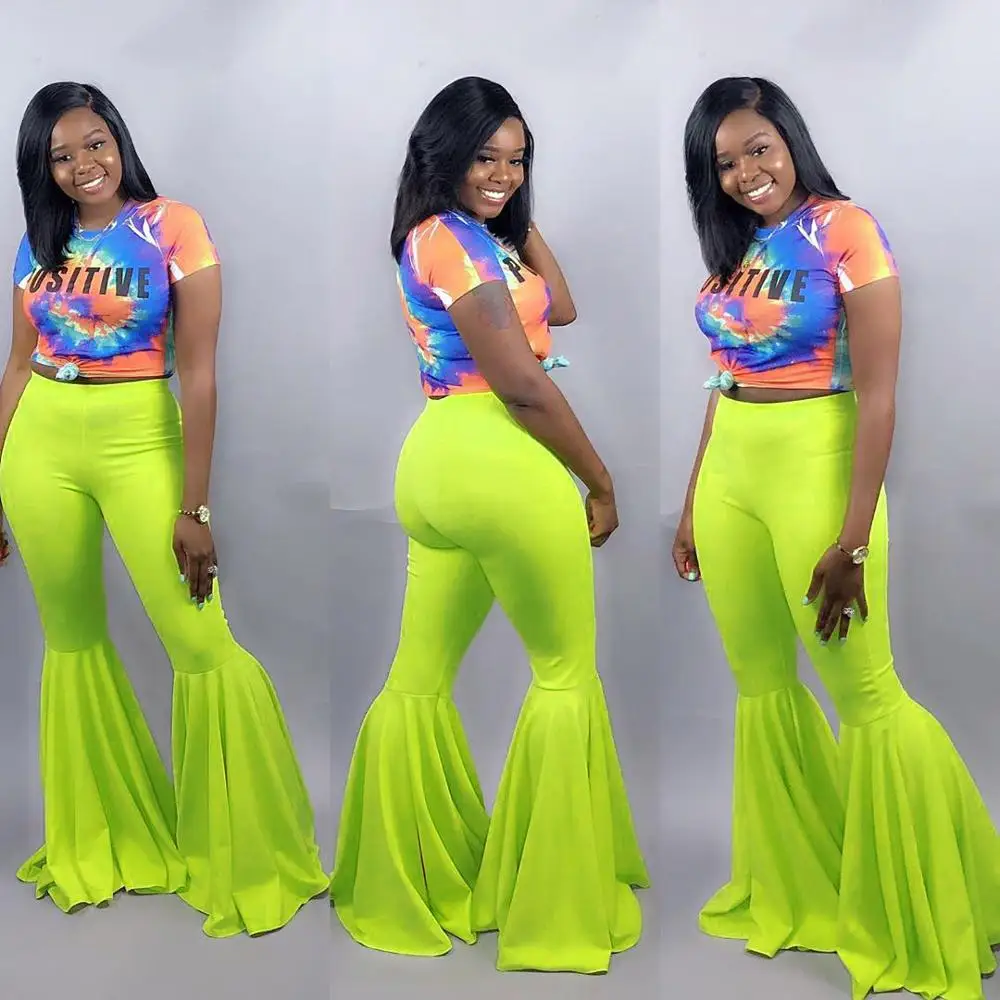 Plus Size 5XL Pants Casual Neon High Waist Full Length Elastic Flare Women Sexy Ruffles Hem Trousers Leggings | Женская одежда