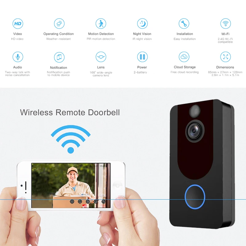 1080P дверной звонок, WiFi, умный беспроводной дверной звонок для безопасности, умный домофон, запись с дистанционным управлением, водонепроницаемый, видео, облачное хранилище, дверной телефон