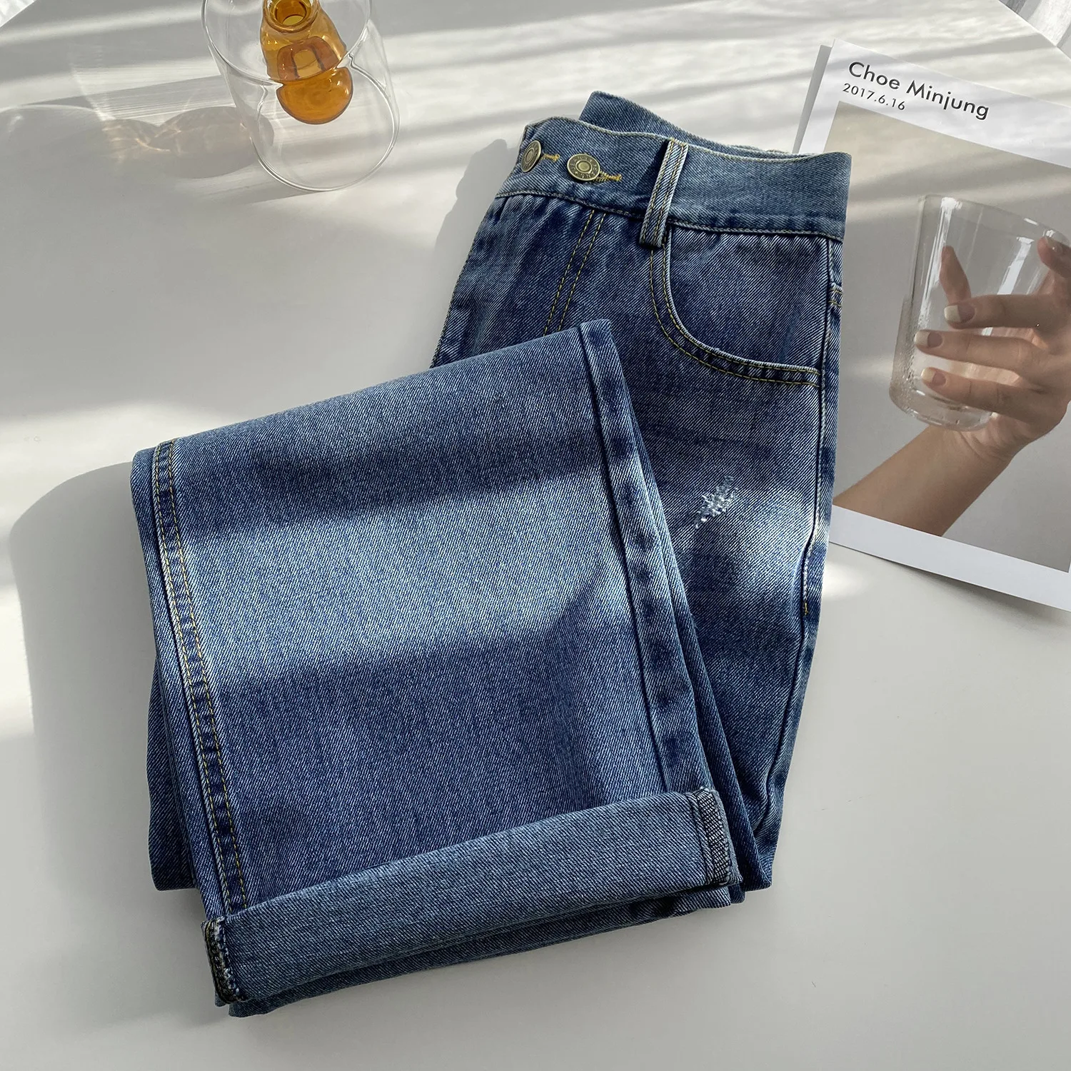 

Yeeloca Wash Blue High Waist Jeans Women's Spring Straight Casual Trousers Loose Wide Leg Denim Pants