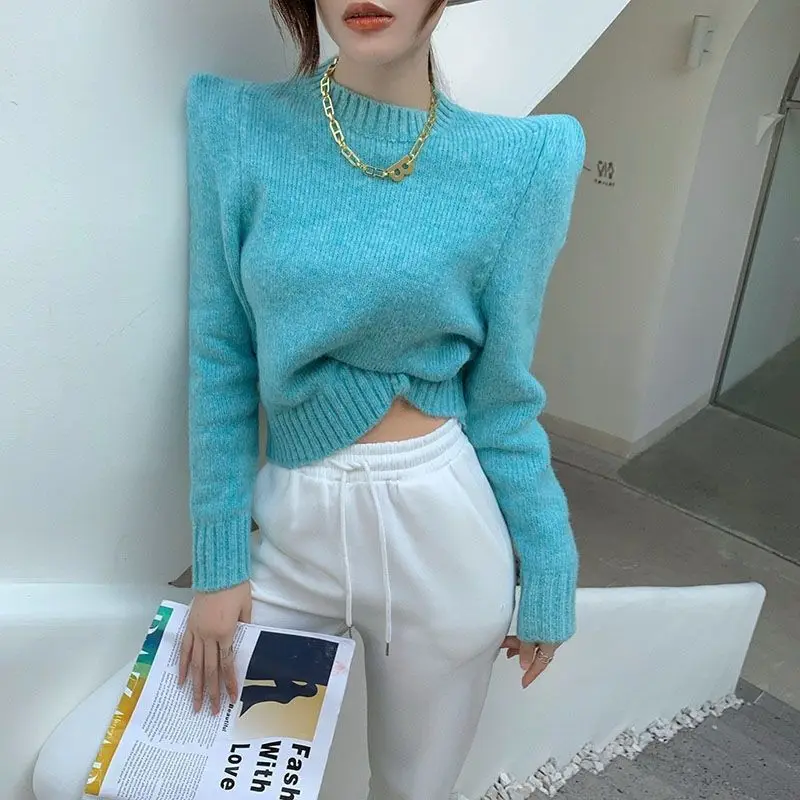 

Women Loose Padded Shoulder Short Knitted Long Sleeve Tops Sweaters 2021 Female Solid Sweater Autumn Winter Round Neck Pullover