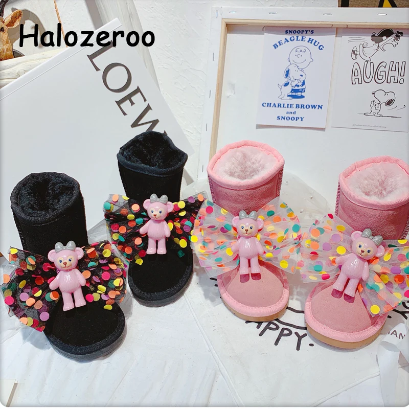 Зимние детские ботинки для снега ботильоны с бантом маленьких девочек теплая