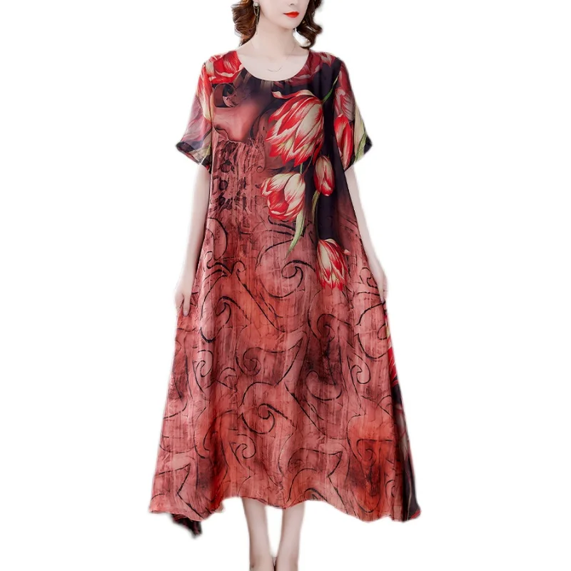 

COIGARSAM 4XL Plus Size Print Women dress New Summer Loose Dresses Red Ga Color Flower 1605