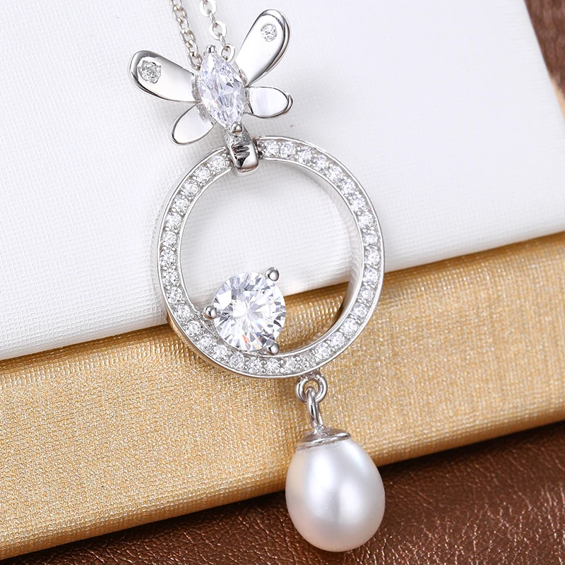 

DMPFP236 7-8mm Round Freshwater Pearl Pendant Necklace 925 Sterling Silver Fine Jewelry For Women