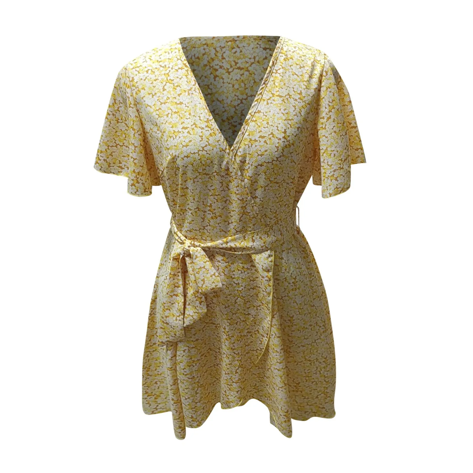 

Ladies Lace-up Short Sleeve Ruffle Print Casual Elastic Waist Mini Dress 2021 vestidos de mujer casual