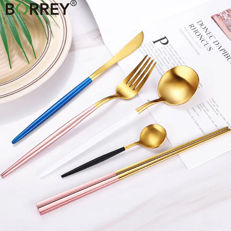 BORREY Stainless Steel Tableware Set Spoon Fork Knife Black Gold Cutlery Classic Dinner Dinnerware Portugal Cutipol GOA|Наборы столовых