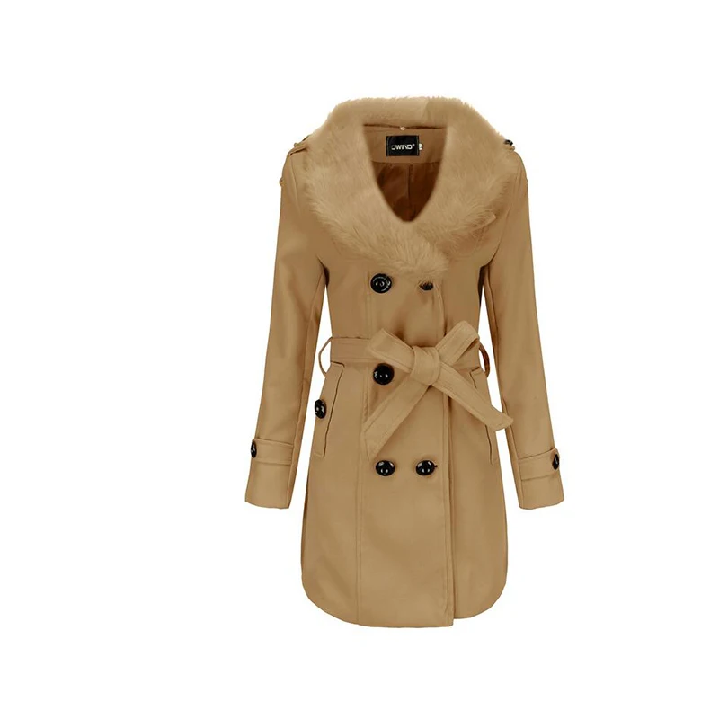 Большие размеры зимнее шерстяное пальто с меховым воротником облегающее