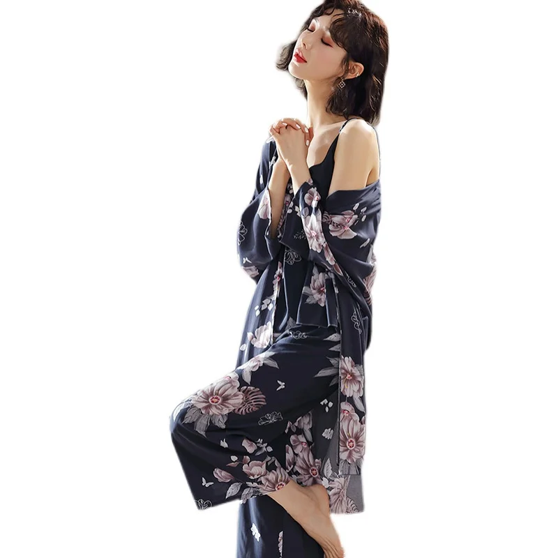

Poplin Pajamas Female Spring and Autumn Sling Nightgown Three-Piece Suit Japanese-style Sweet Rayon Cotton Silk Home Clothing