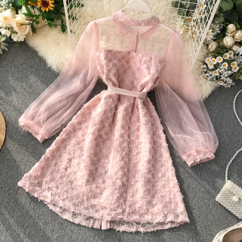 Новинка 2019 женское Сетчатое платье с пышными рукавами и цветочным рисунком