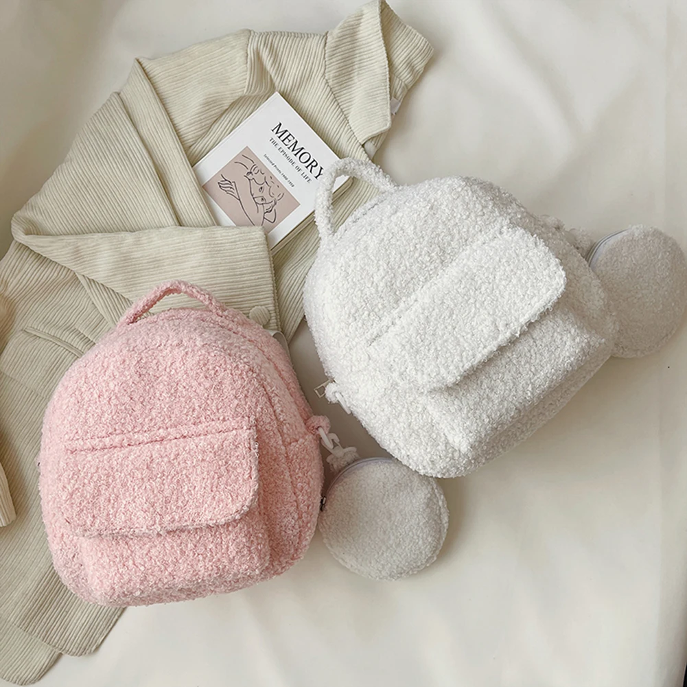 

Женский рюкзак, мягкий теплый плюшевый однотонный рюкзак, композитная мини-сумка на молнии, пушистая подходящая ко всему искусственная кож...