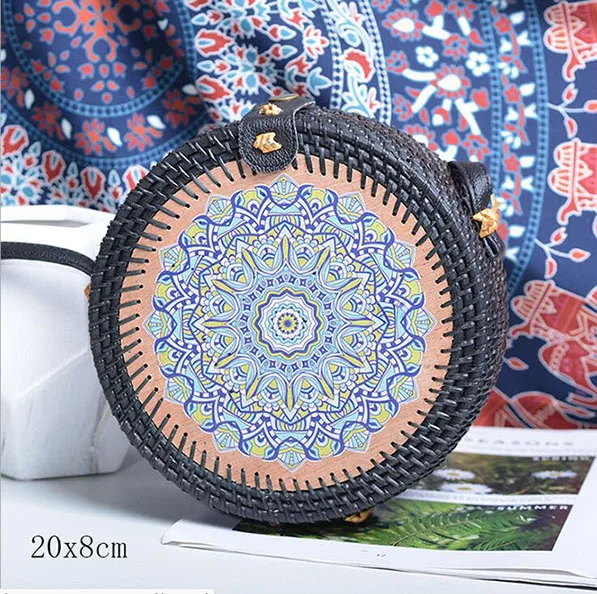 black H 20X8cm Солнечный пляж, ручные тканые сумки, круглая сумка с пряжкой, Ротанговые соломенные сумки, ранец, богемная пляжная круглая сумка - Цвет: black H 20X8cm