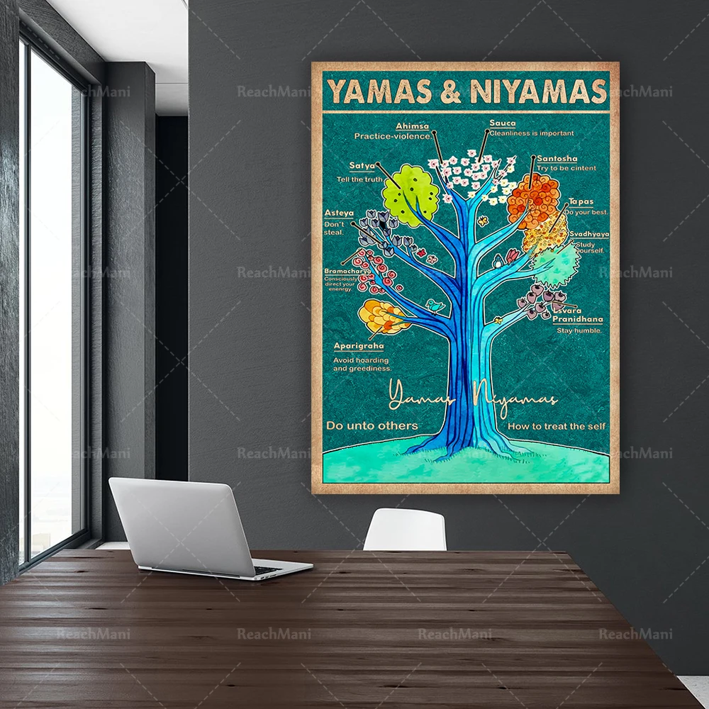 

Yoga Poster - Yamas and Niyamas Poster, Yama and Niyama Raja Yoga Print, Vintage Yoga Wall Art, Yoga Studio Decor, Yoga Lovers